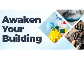 A banner that says "Awaken Your Building" with a photo collage showing cleaning tools