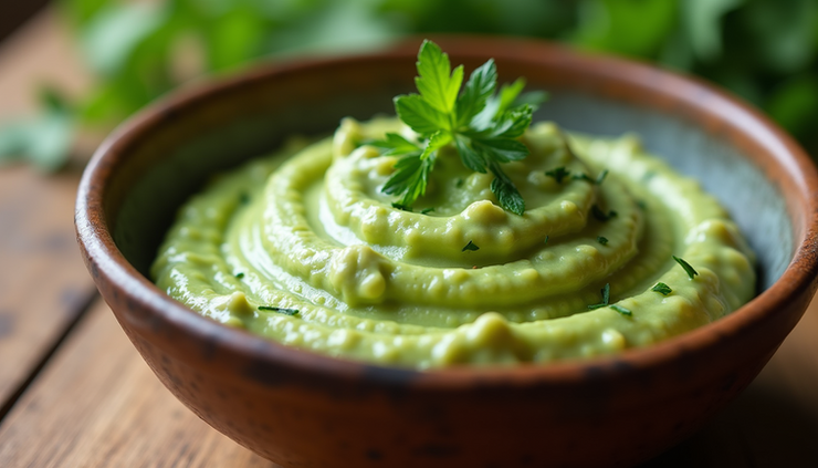 Close-up view of a bowl filled with creamy green edamame dip garnished with herbs