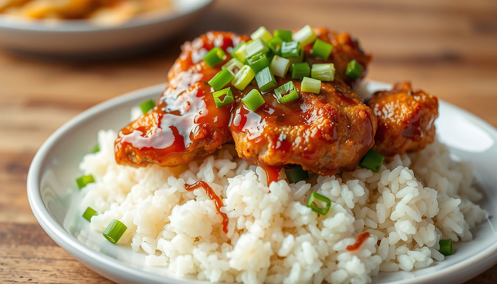 Close-up view of golden crispy chicken served with a bowl of sticky rice