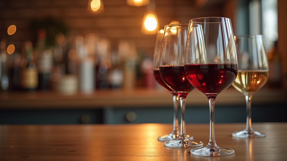 Close-up view of wine glasses with red and white wine on a wooden table