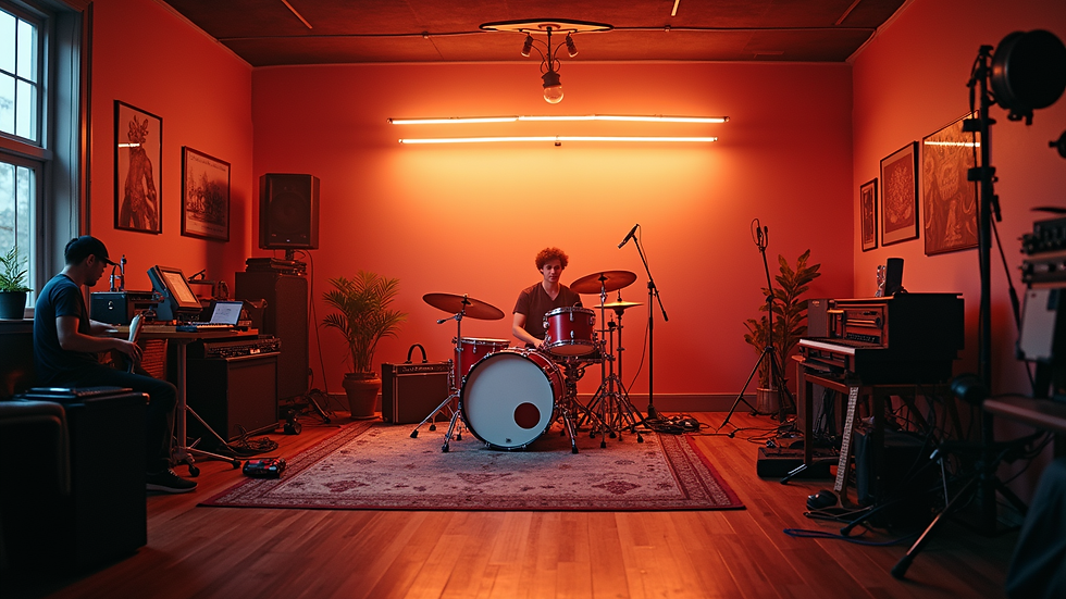 Eye-level view of a vibrant music studio filled with instruments