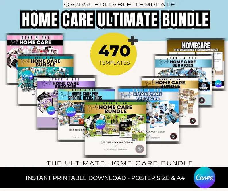 Home Care Business Template Bundle | 450+ Editable Canva Templates | Flyer, Yard