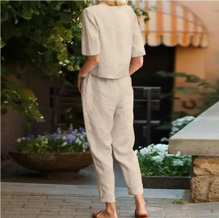Thumbnail: Women’s Cotton Linen Two-Piece Set – Short Sleeve Top & Pants