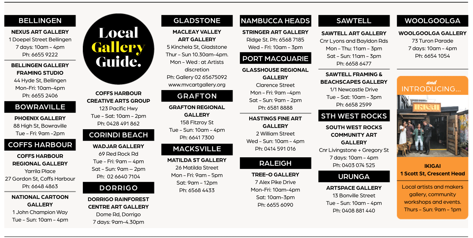 Local Art Gallery Guide for Bellingen, Coffs Harbour, Sawtell, Dorrigo, Urunga, Port Macquarie