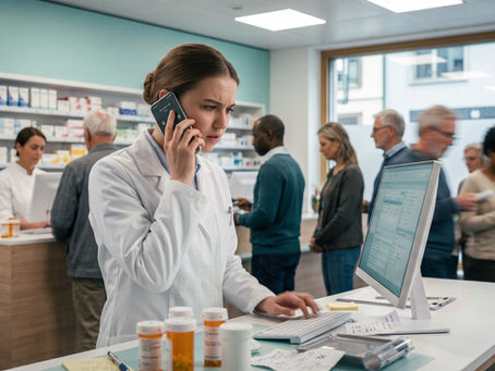Gestresste Apothekerin telefoniert wegen Lieferengpässen bei Medikamenten am Computer, während Kunden in der Apotheke warten.