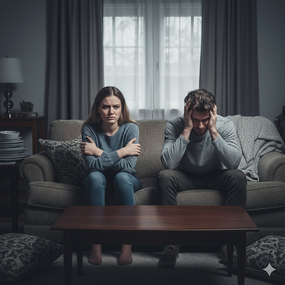 A tense moment unfolds as a couple sits in silence, deep in thought, amid having the same fight over and over again in their living room.