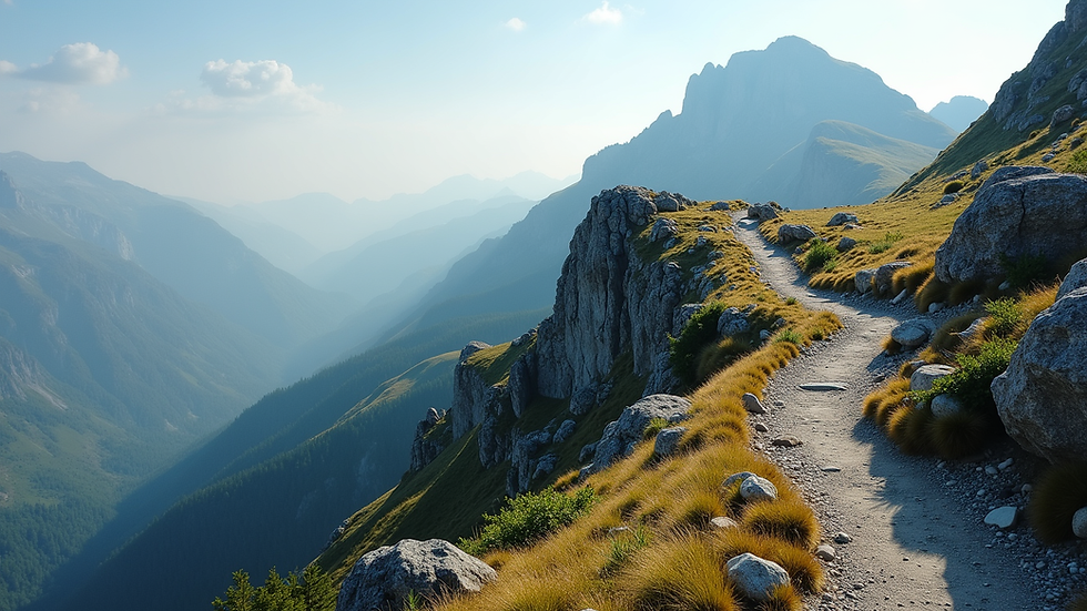 High angle view of mountain ridge trail with rocky terrain