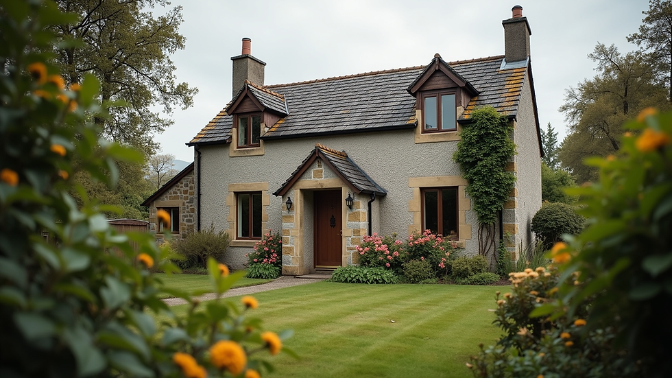 Eye-level view of a traditional Ayrshire cottage with a garden