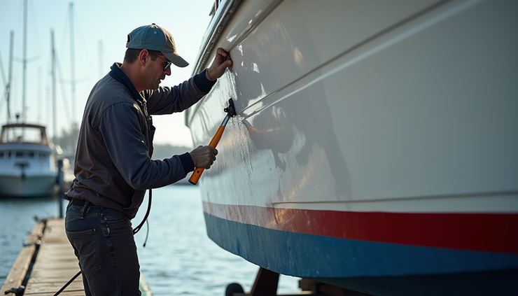 Eye-level view of a boat hull being cleaned at a marina dock