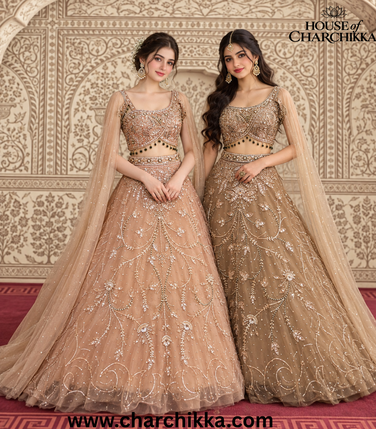Two models wearing embroidered peach and gold lehengas in an ivory heritage setting