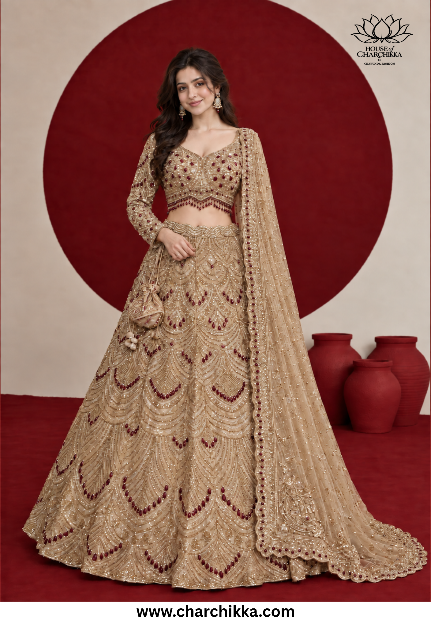 Designer Lehanga collection: gold embroidered lehanga with red accents