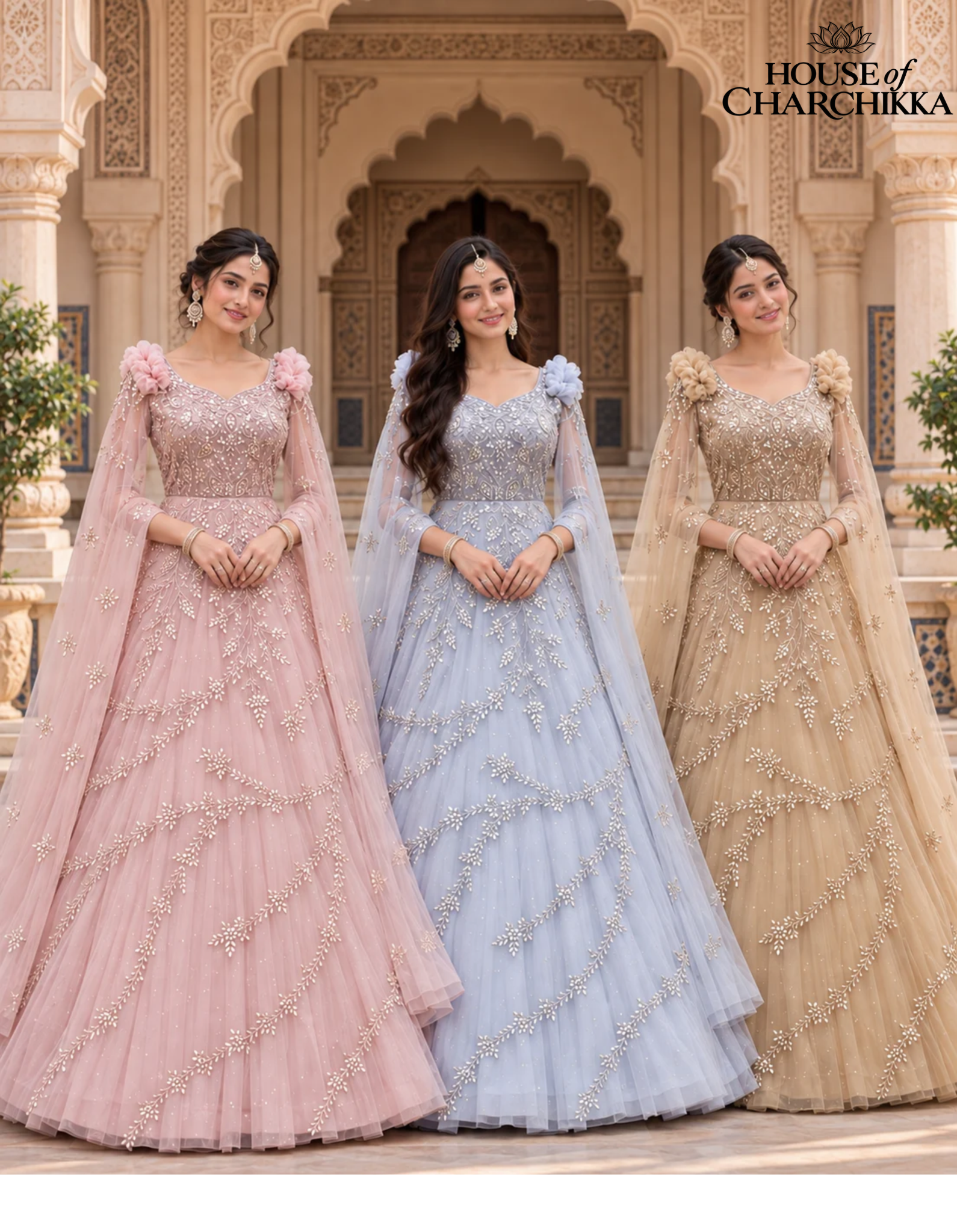 Gowns collection: three models wearing pink, blue and gold embroidered gowns