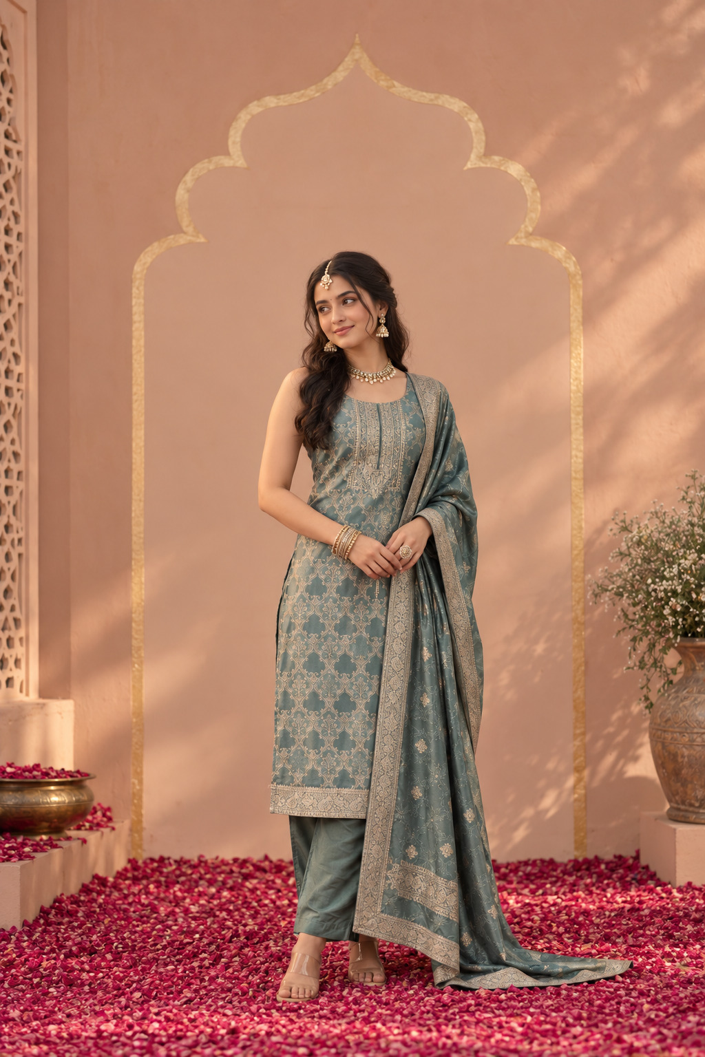 Straight Salwar Suits collection: model wearing a teal embroidered suit and matching dupatta