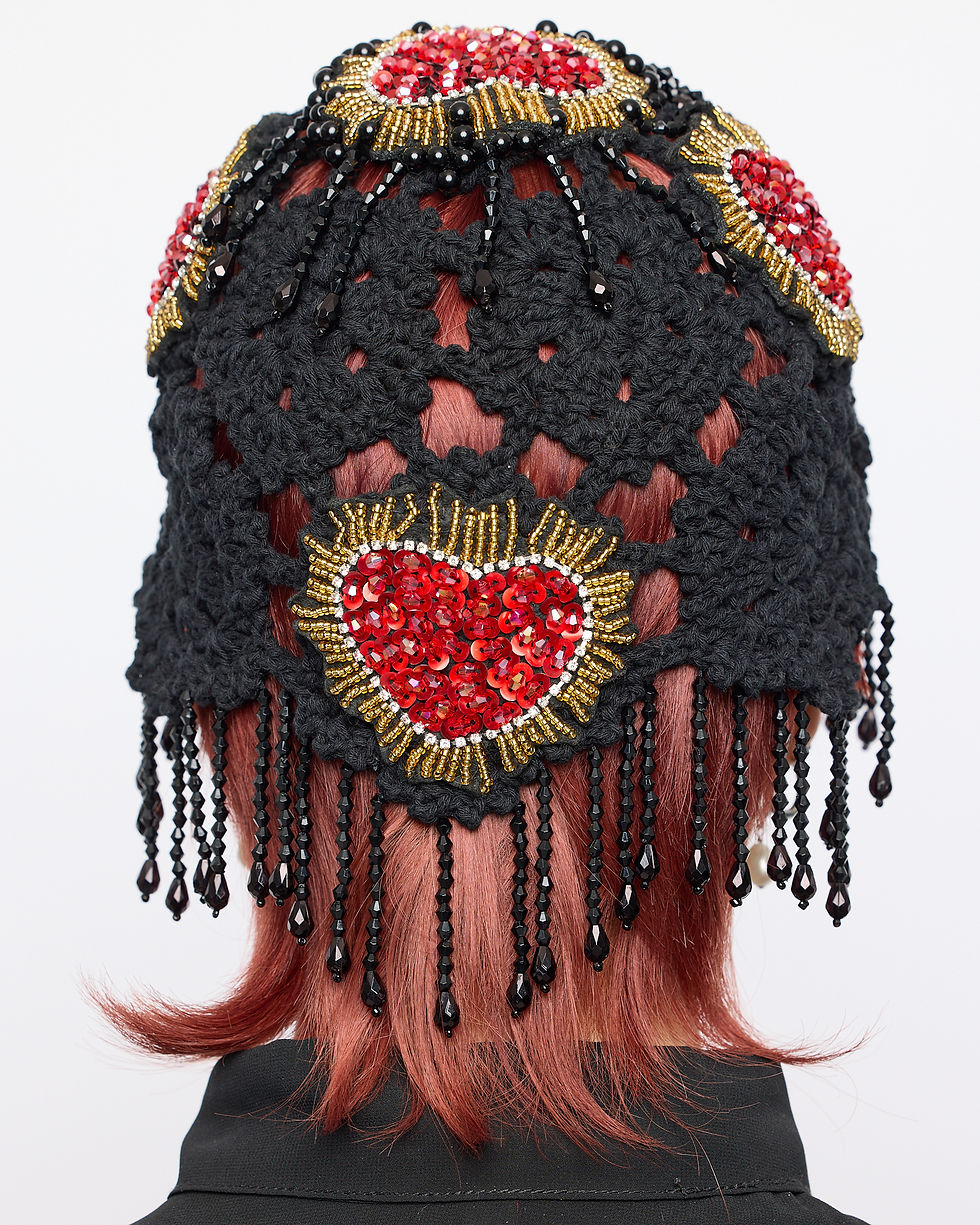 Thumbnail: 'Romance' Head Piece Black with Hearts Appliques
