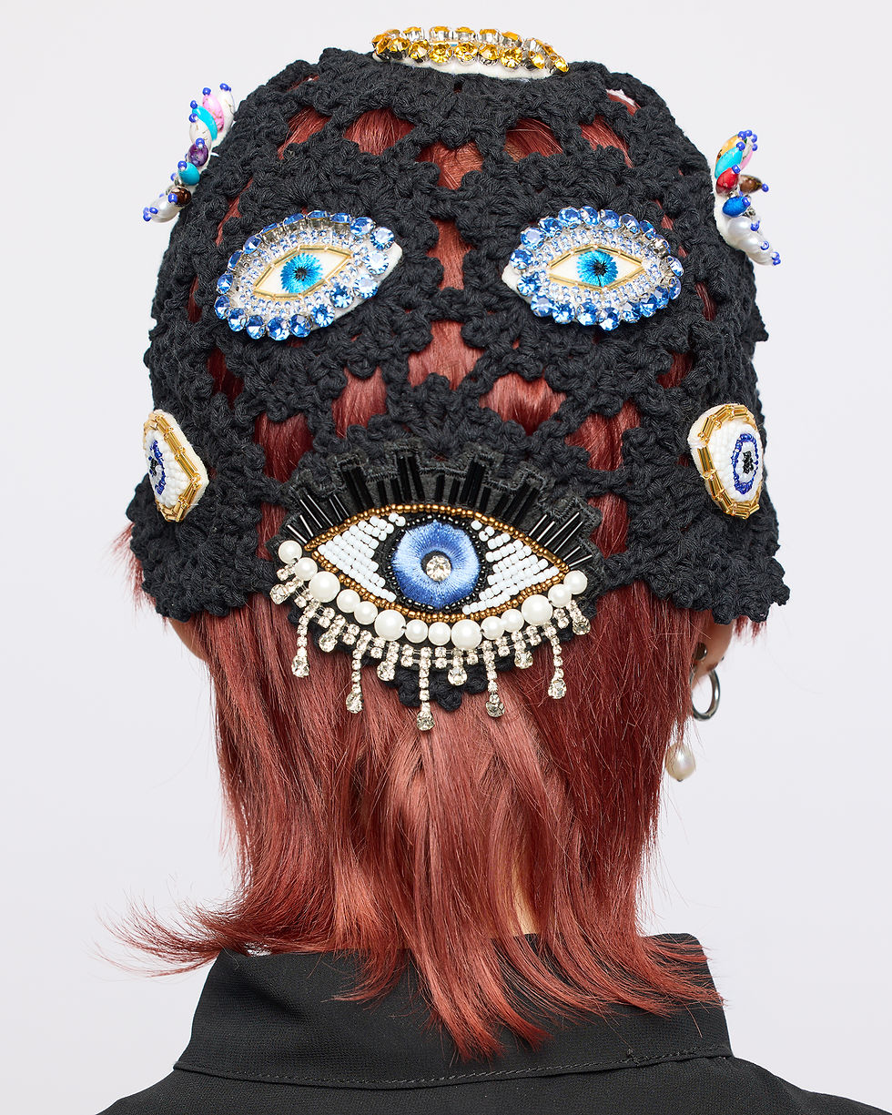 Thumbnail: 'Vision' Head Piece Black with Beaded Eyes Appliques