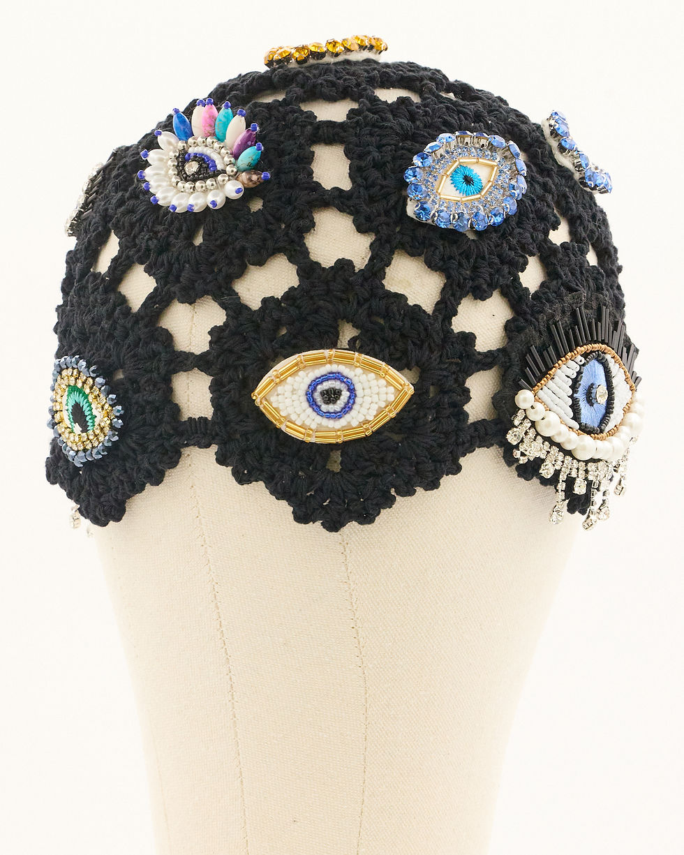 Thumbnail: 'Vision' Head Piece Black with Beaded Eyes Appliques