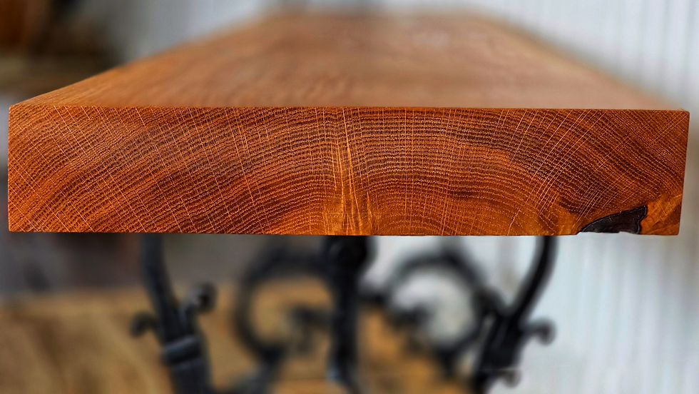 Thumbnail: close-up oak bench top showing grain and natural edge