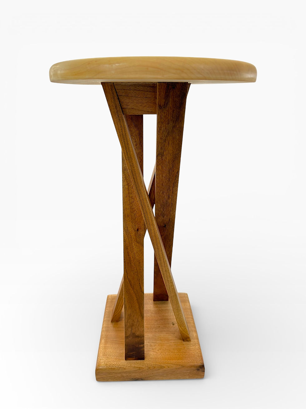 Thumbnail: Side profile of the Keystone Stand showing the cherry cross structure and circular oak top.