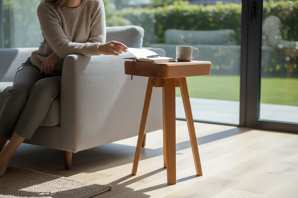 The White Oak Stand next to a sofa in natural light, holding a notebook and coffee.