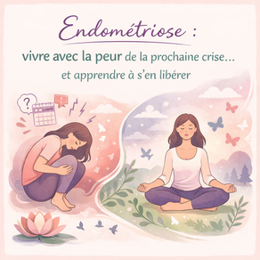 Illustration douce aux tons pastel représentant une femme recroquevillée tenant son ventre, évoquant l’anxiété d’anticipation liée aux crises d’endométriose, avec le titre « J’ai peur d’avoir mal ».