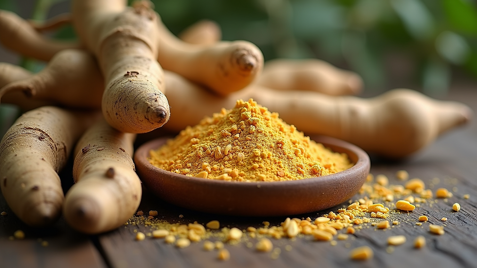 High angle view of dried ashwagandha root and powder in a natural setting