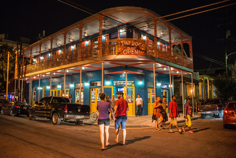 A night time street scene outside of a New Orleans jazz club