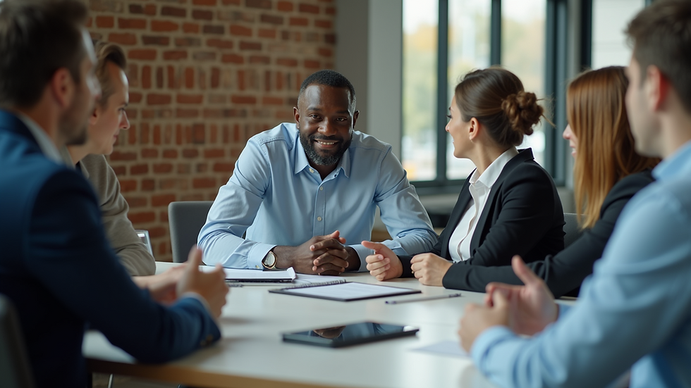 Eye-level view of Shamuel engaging with clients during a meeting