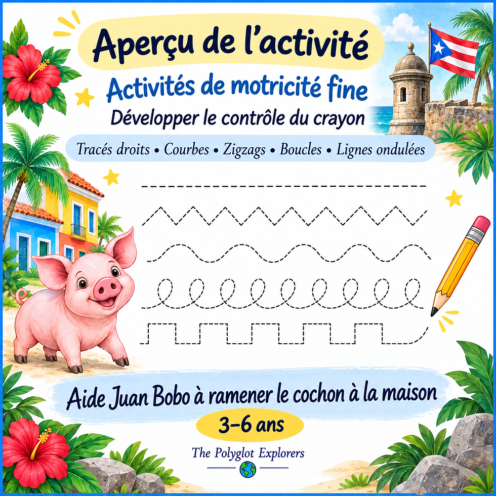 Activité de tracé Juan Bobo et le cochon – motricité fine et préécriture pour enfants de 3 à 6 ans