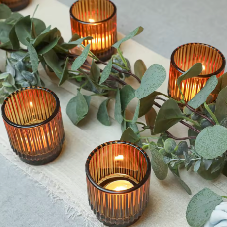 Thumbnail: Vintage-Style Ribbed Amber Glass Candle Holder - 2Pcs
