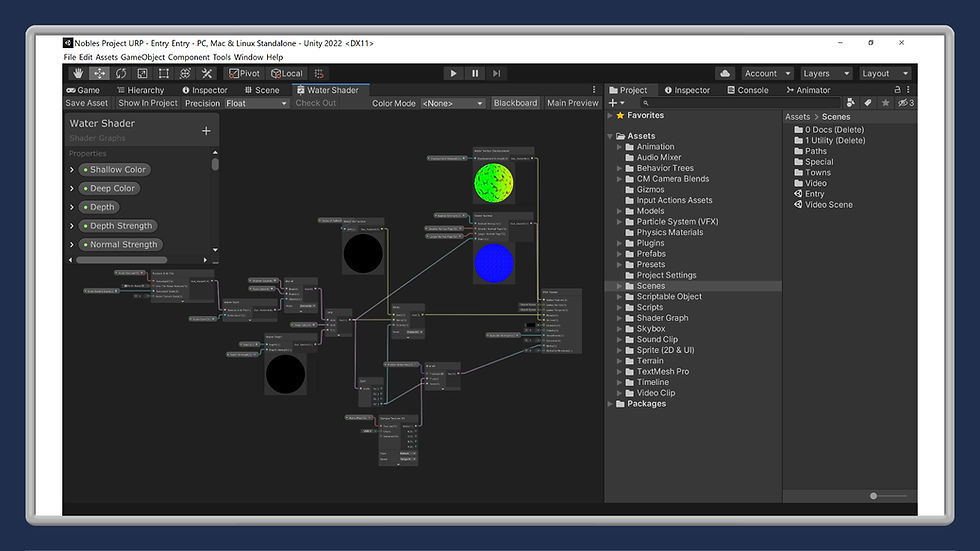 Unity 2022 editor showing a Water Shader graph with connected nodes, previews, and project folders on a dark workspace.