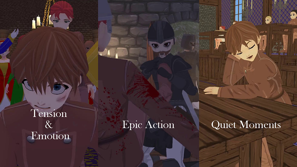 Three-panel fantasy collage: injured Jonas, bloody armored fight, and sleepy Jonas in a hall; Tension, Epic Action, Quiet Moments