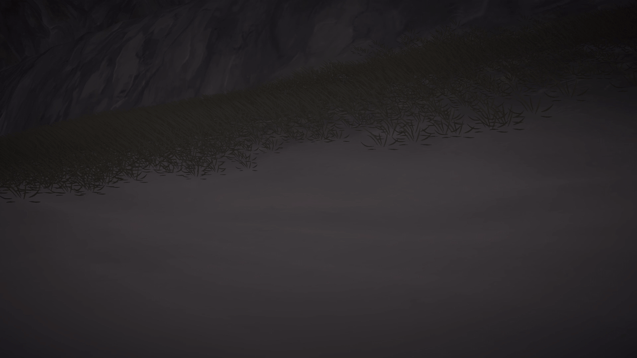 Dark, moody beach with sparse grass under shadowy cliffs; Jonas falls to the ground in anguish.
