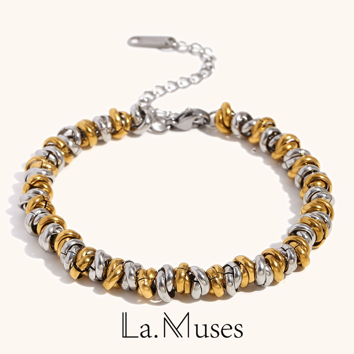 La.Muses Circular Gold Silver Dual Color Mixed Bead Stainless Steel Necklaces Fo