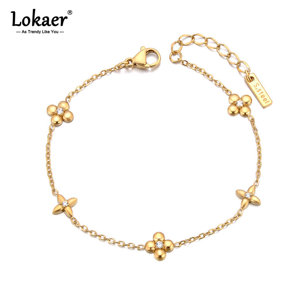 Lokaer Delicate Stainless Steel Four Leaf Flower Charm Bracelet Gold PVD Plated