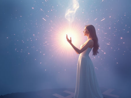 A woman in a white dress holds glowing light and smoke in a misty, starry setting. Bright and mystical atmosphere.