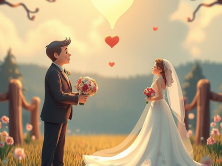 Animated bride and groom exchange flowers in a sunny field, surrounded by hearts and flowers, creating a romantic and joyful mood.