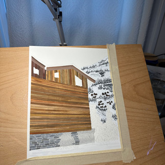 in progress painting of ski chalet