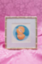 Original 4x4 clementine painting feature a juicy clementine in a blue bowl with crisp shadows. Matted in a 6x6 gold bamboo-st