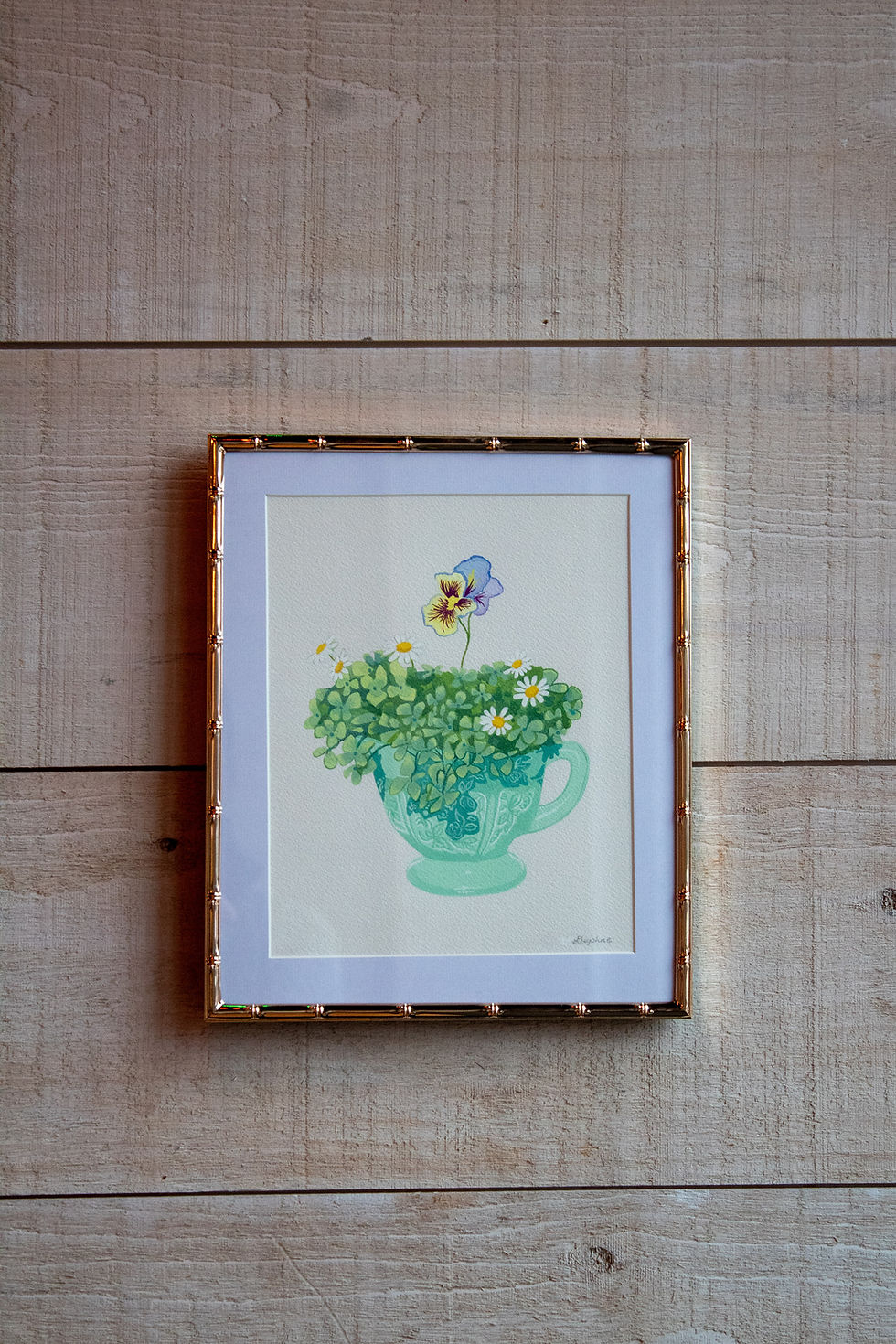 This 8x10" gouache jadeite creamer painting features a vintage jadeite piece repurposed as a charming vase for a delicate bou