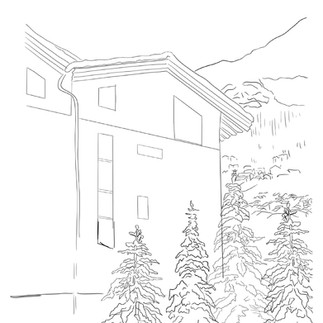 sketch of snowy trees in front of building