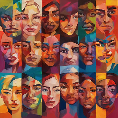 fragments of faces of different emotions like smiling, serious, different genders, ages,