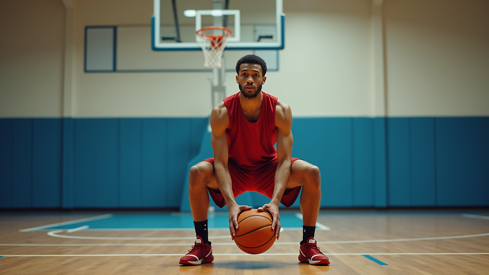 Eye-level view of a basketball player performing a jump squat