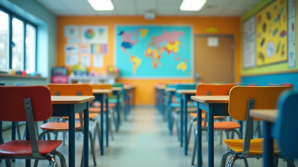Eye-level view of a colorful classroom with desks arranged in a circle and bright posters on the walls
