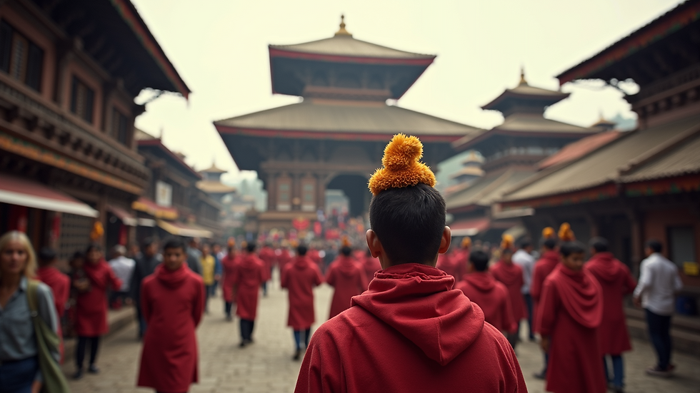 Eye-level view of Kathmandu Durbar Square during a festive celebration