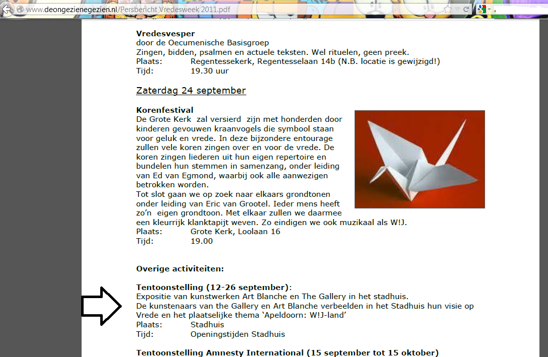 expositie vredesweek 2011 in stadhuis artikel op website deongezienegezien.nl.pn