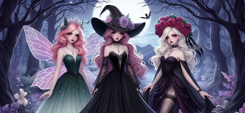 una imagen estilo anime de tres mujeres, un hada una vampira y una bruja