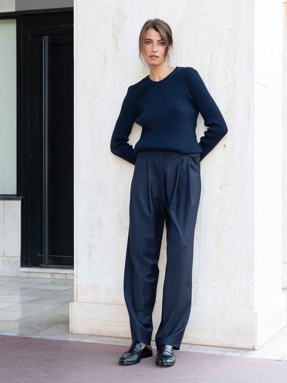 Thumbnail: Pleated Front Wool Pants Navy Blue