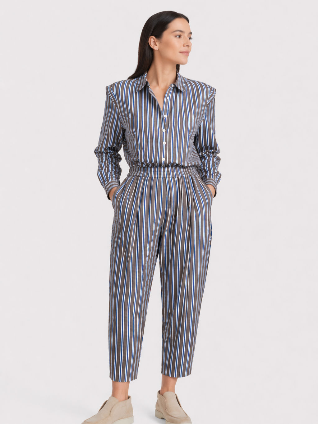 Çizgili Havuç Kesim Beli Lastikli Poplin Pantolon