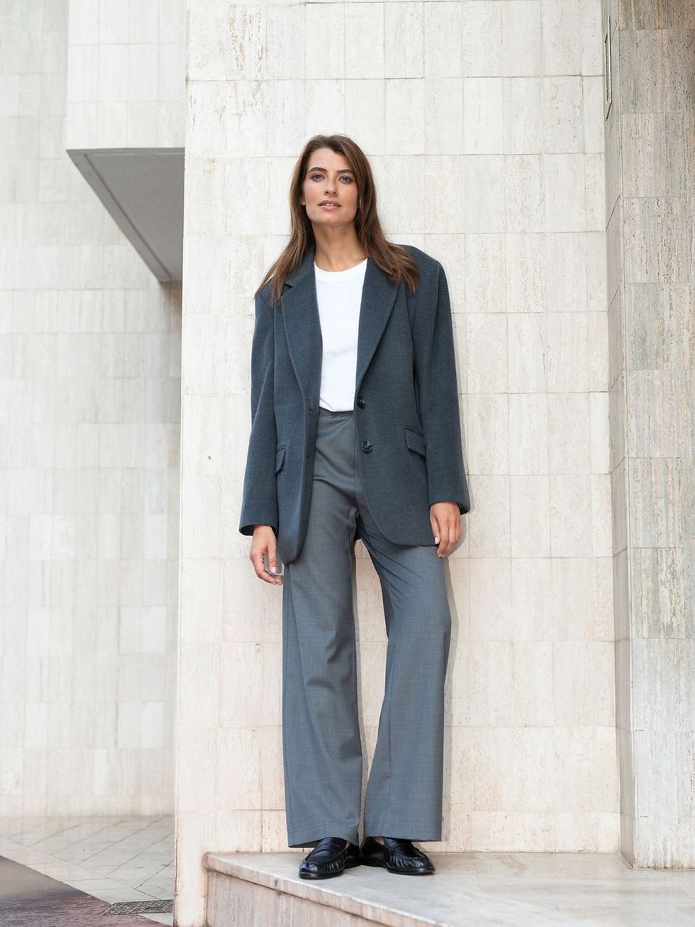 Gri Yünlü Bol Paça Beli Lastikli Pantolon