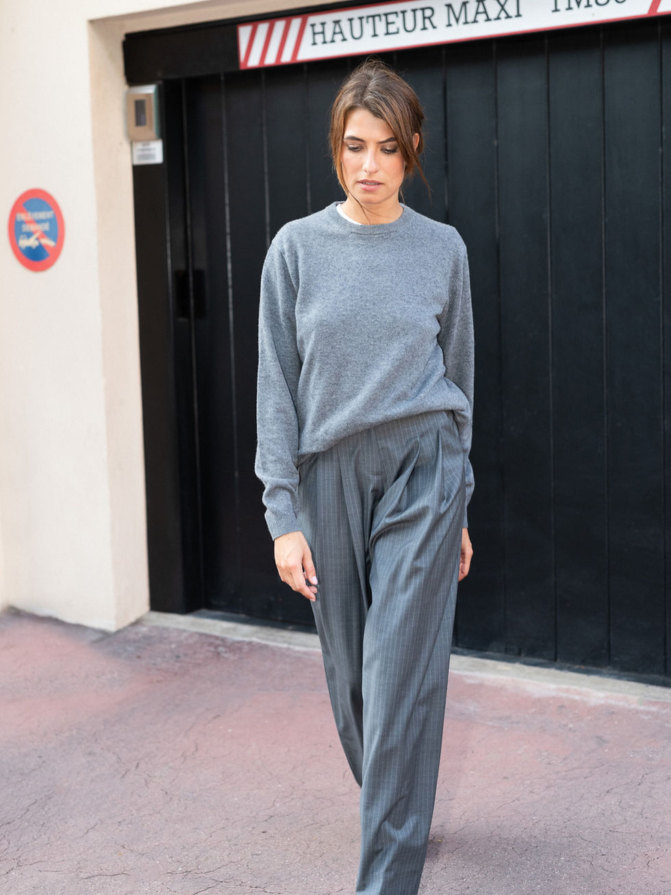 Thumbnail: Striped Pleated Front Wool Pants Grey